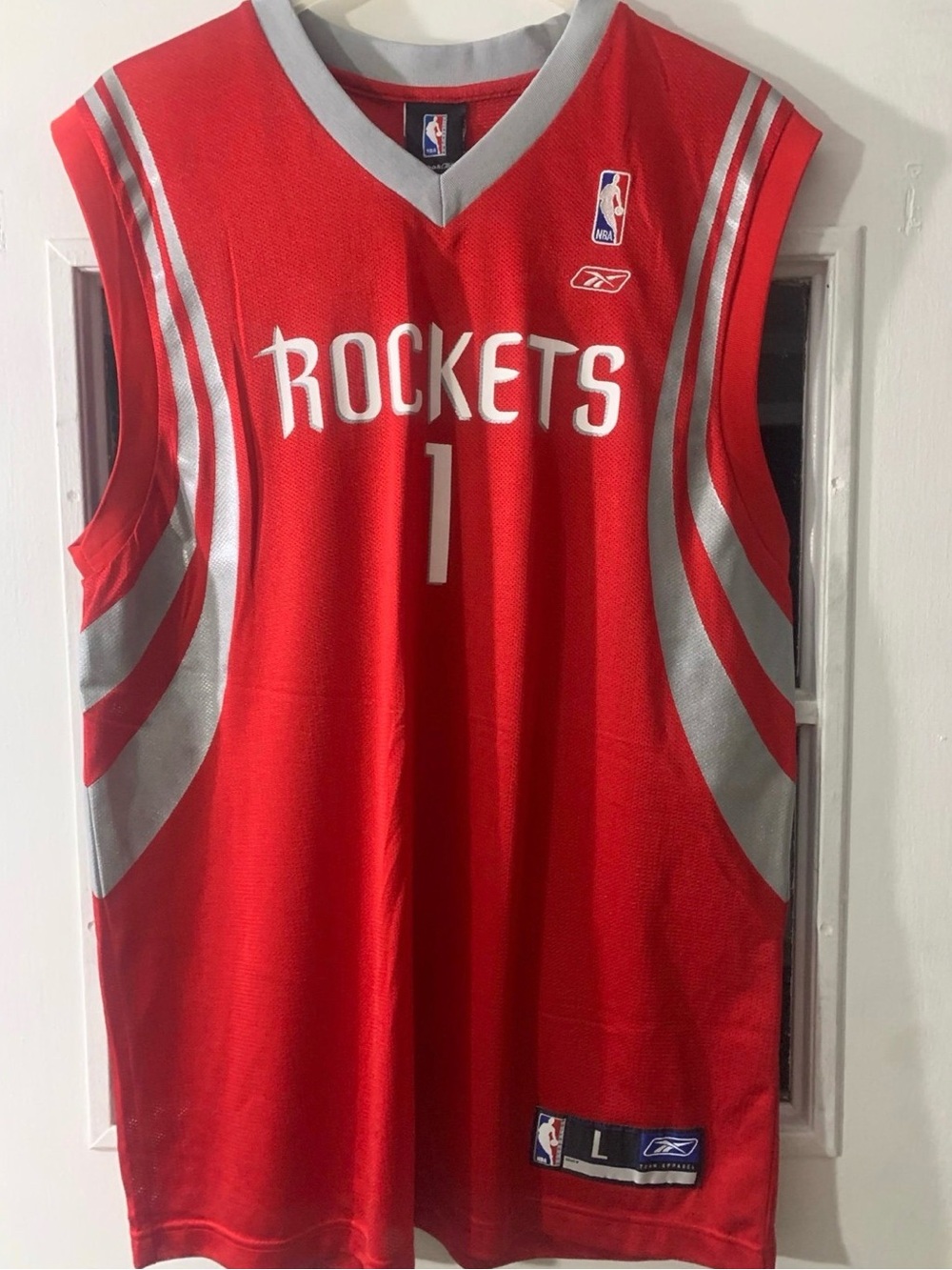 Reebok Houston Rockets Red and Silver #1 Basketball Jersey